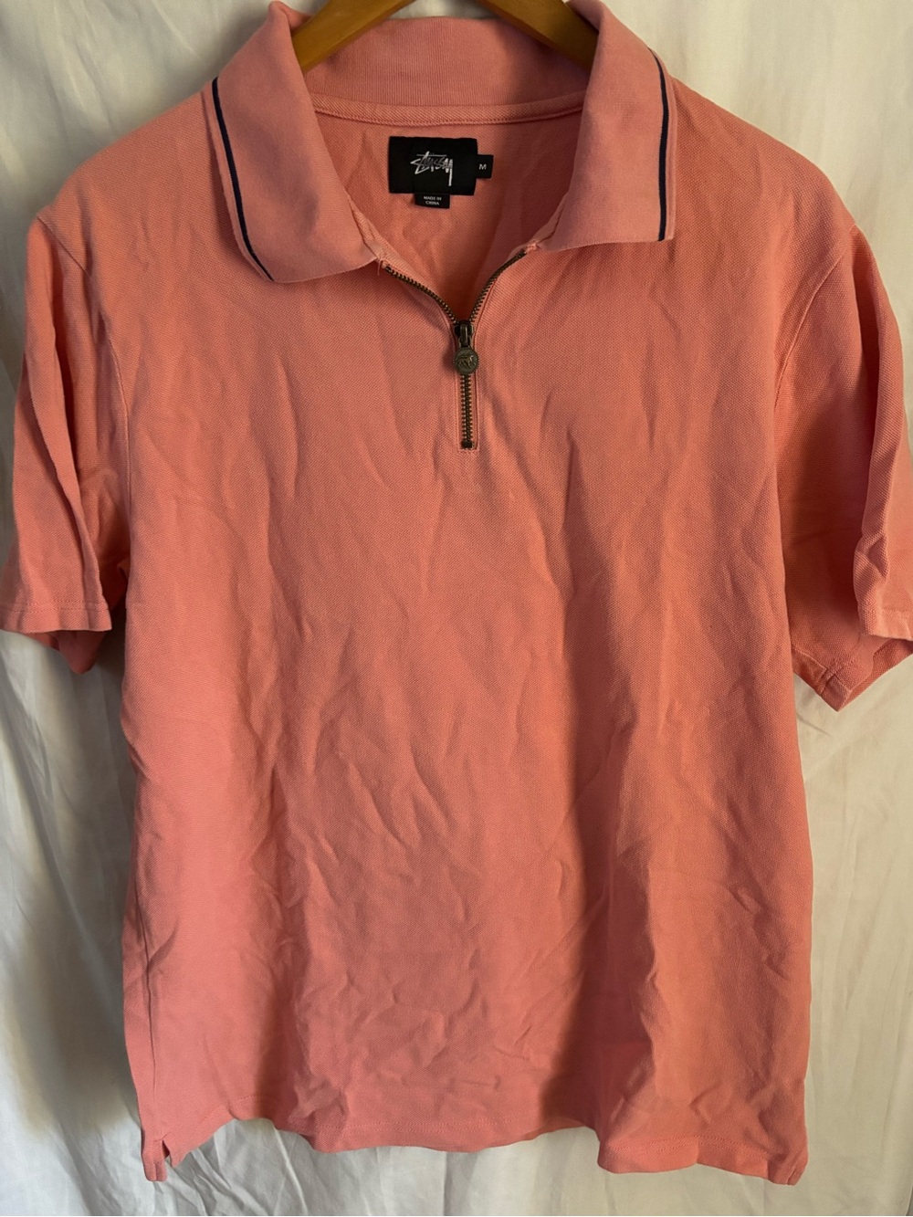 Stussy Coral Pink Half-Zip Polo with Contrast Collar Piping